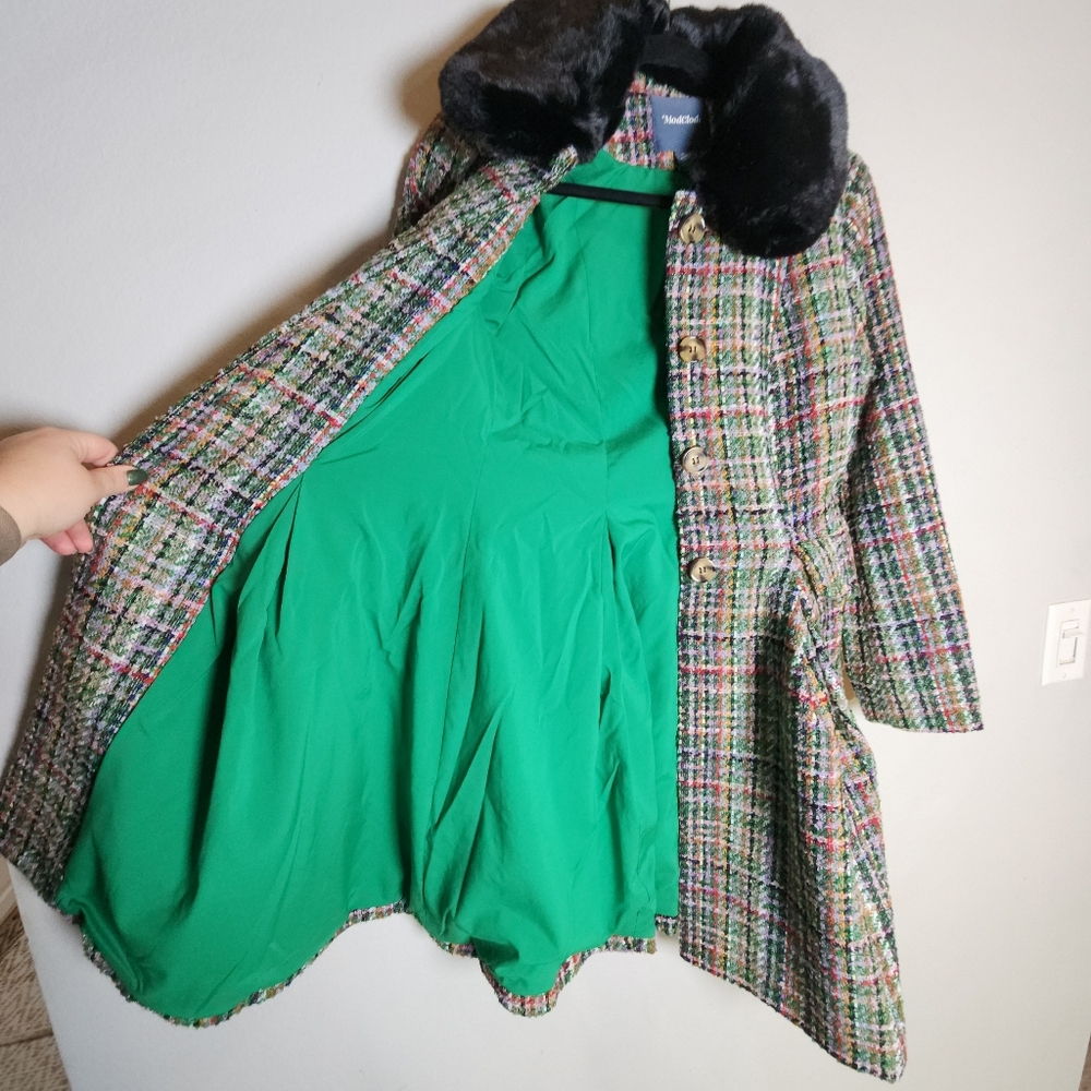 NWT Modcloth Multi Colored Tweed Flare Coat Removable Faux Fur Collar Small - Picture 13 of 16